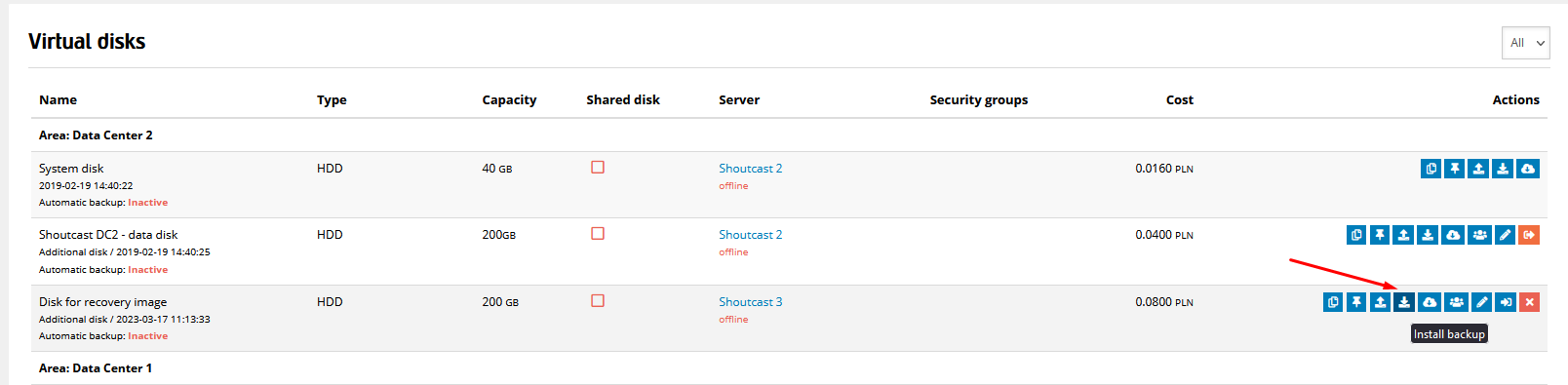 Installing an additional disk backup in e24cloud