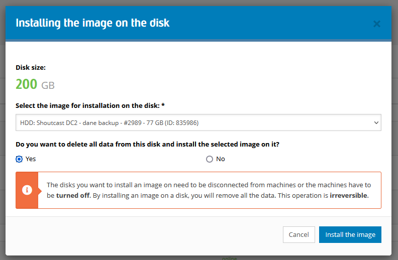 Installing a disk image in e24cloud